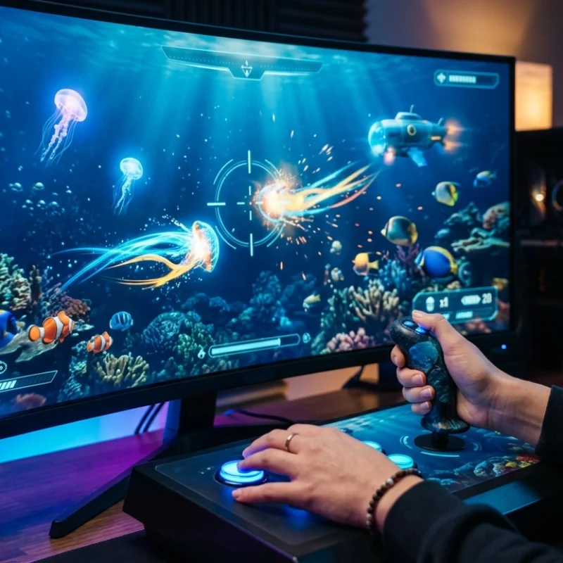 Close-up of player controlling a fish shooting game with colorful underwater targets and strategic gameplay