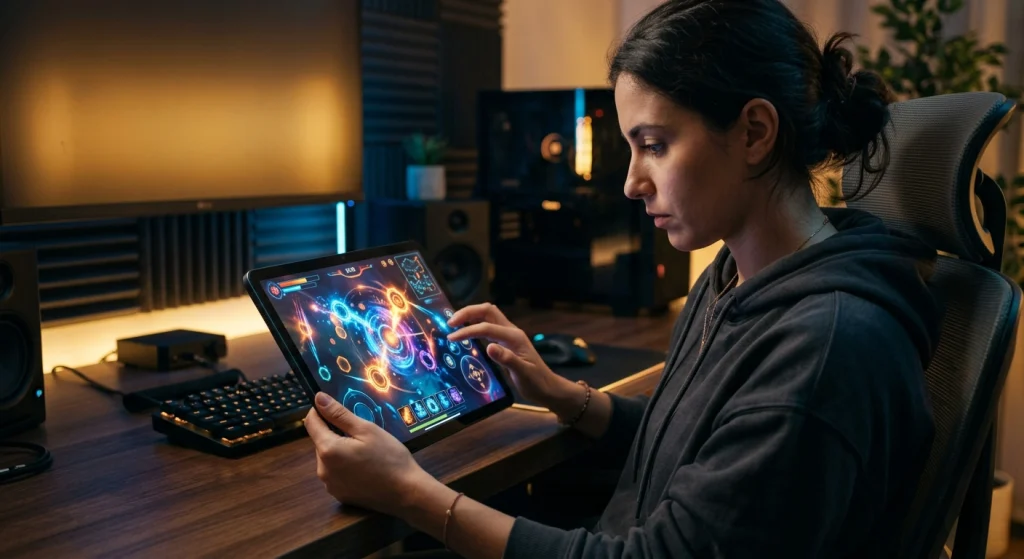 Player focusing on strategic gameplay in an online casino style digital game environment