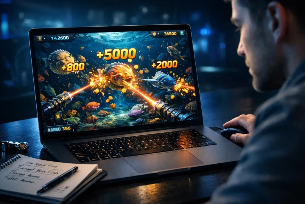 fishing arcade game player aiming cannon at high value fish underwater