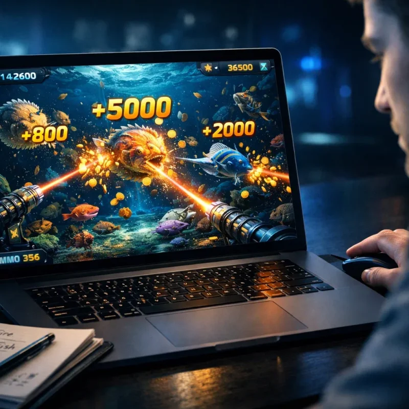 fishing arcade game player aiming cannon at high value fish underwater