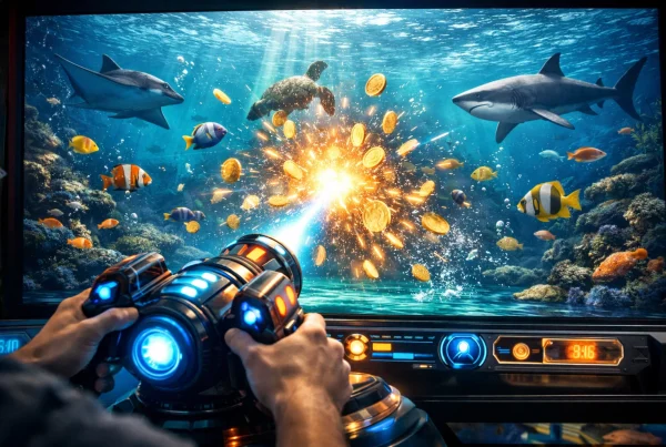 Player aiming at fish in a colorful underwater fish shooting arcade game with strategy-based gameplay