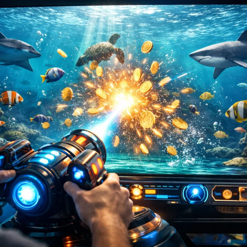 Player aiming at fish in a colorful underwater fish shooting arcade game with strategy-based gameplay