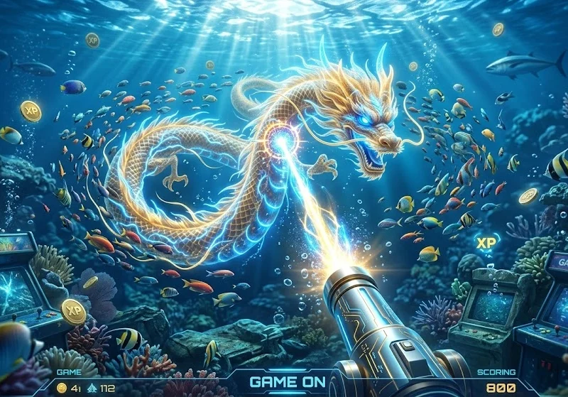 A hyper-realistic 3D rendering of a glowing Thunder Dragon in an underwater digital arcade, being targeted by a futuristic metallic cannon firing energy pulses amidst digital coins and tropical fish.