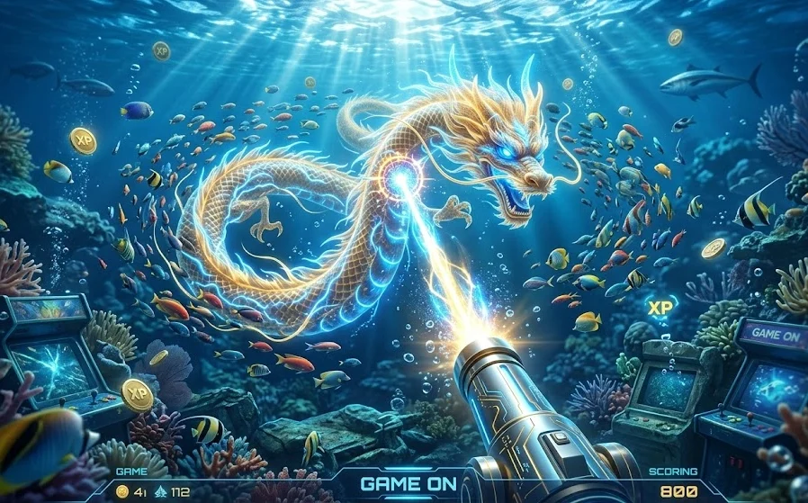 A hyper-realistic 3D rendering of a glowing Thunder Dragon in an underwater digital arcade, being targeted by a futuristic metallic cannon firing energy pulses amidst digital coins and tropical fish.