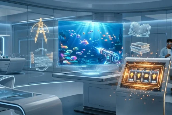 A high-tech 2026 digital learning hub featuring a central fish game hologram surrounded by 3D educational icons like a math compass and periodic table, alongside a sleek gold slot machine with academic symbols.