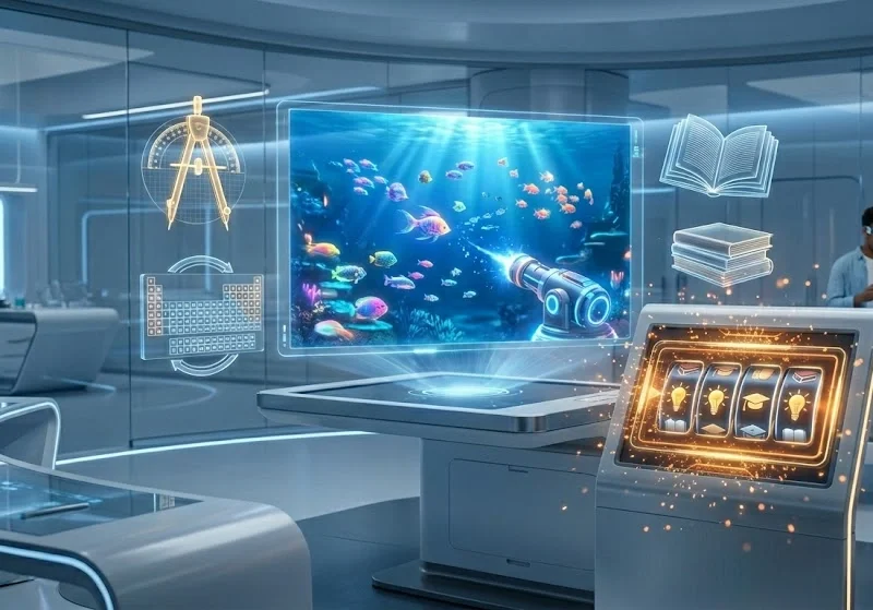 A high-tech 2026 digital learning hub featuring a central fish game hologram surrounded by 3D educational icons like a math compass and periodic table, alongside a sleek gold slot machine with academic symbols.