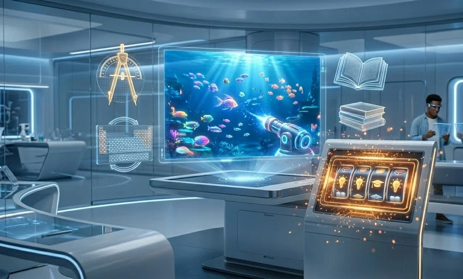 A high-tech 2026 digital learning hub featuring a central fish game hologram surrounded by 3D educational icons like a math compass and periodic table, alongside a sleek gold slot machine with academic symbols.