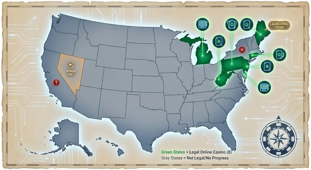 A map of the United States in 2026 highlighting legal online casino states in green, featuring glowing icons for slots and poker, a "Poker Only" designation for Nevada, and states with pending legislation.