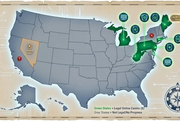 A map of the United States in 2026 highlighting legal online casino states in green, featuring glowing icons for slots and poker, a "Poker Only" designation for Nevada, and states with pending legislation.