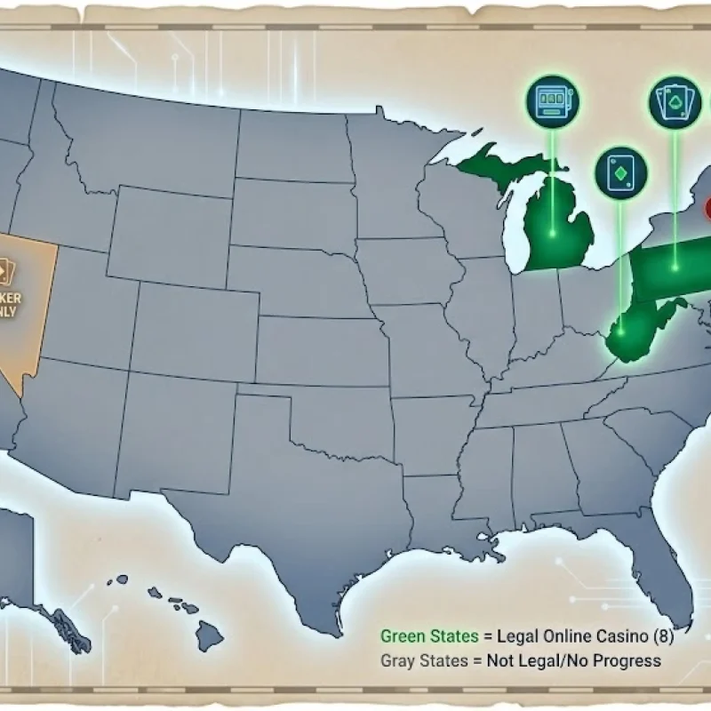 A map of the United States in 2026 highlighting legal online casino states in green, featuring glowing icons for slots and poker, a "Poker Only" designation for Nevada, and states with pending legislation.