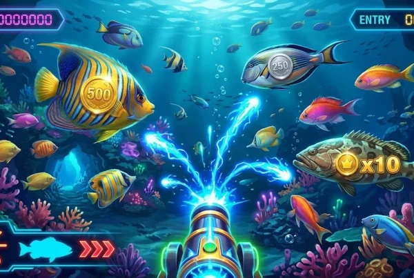 Fish shooting game at sweepstakes casino with cannon firing at prize fish underwater