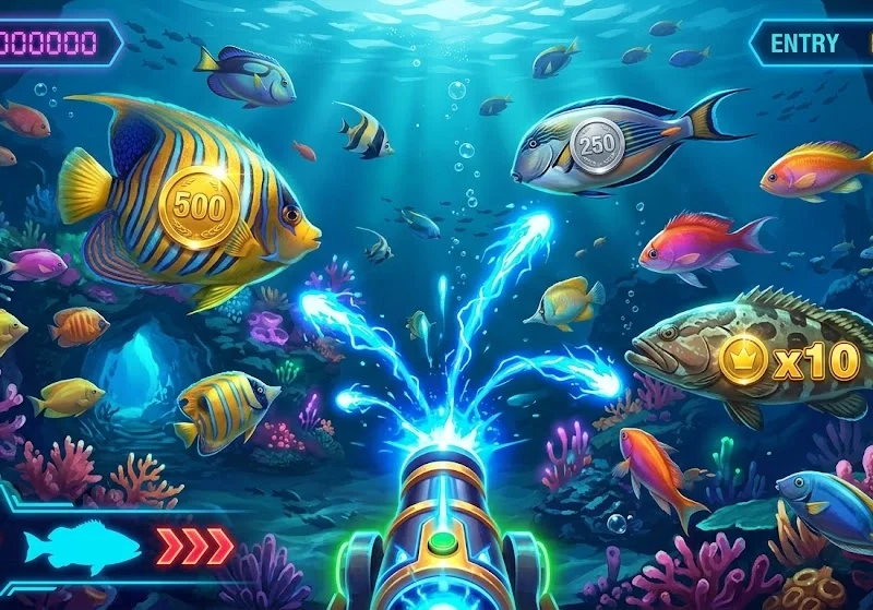 Fish shooting game at sweepstakes casino with cannon firing at prize fish underwater