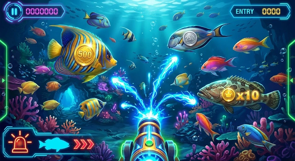 Fish shooting game at sweepstakes casino with cannon firing at prize fish underwater