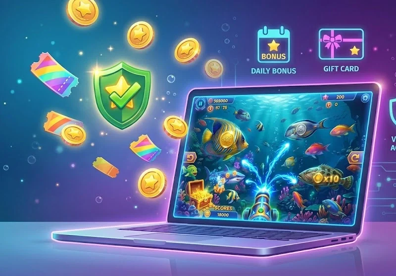 Sweepstakes casino free play interface showing fish games and prize coins on screen