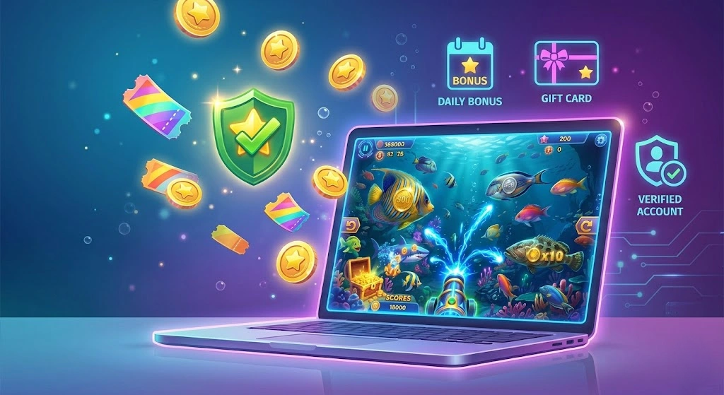 Sweepstakes casino free play interface showing fish games and prize coins on screen