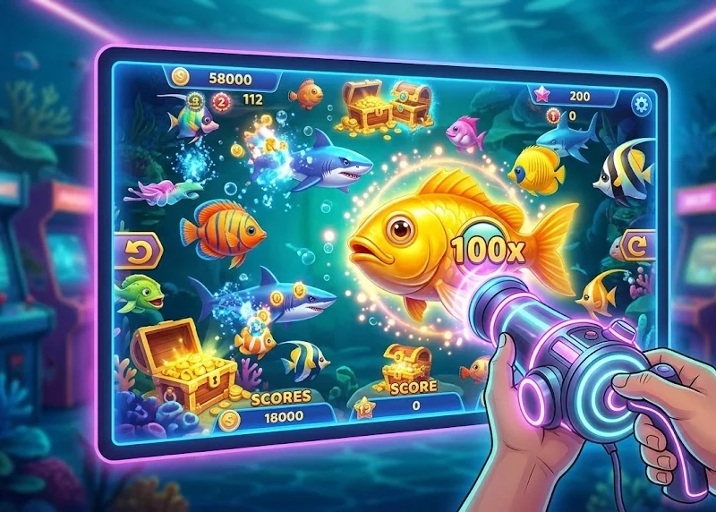 Player shooting at colorful fish in an online fish table game