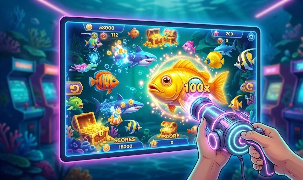 Player shooting at colorful fish in an online fish table game