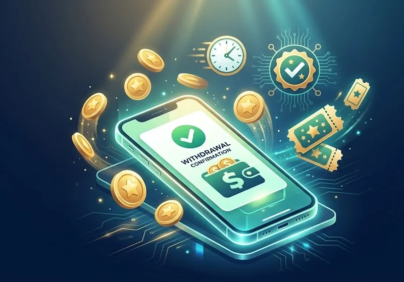 Sweepstakes casino instant payout confirmation on smartphone with gold coins and verified badge