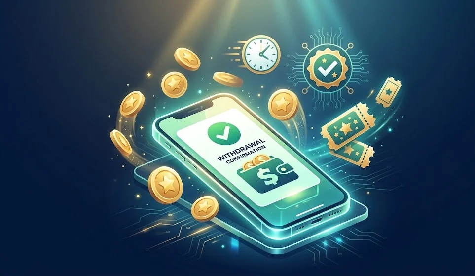 Sweepstakes casino instant payout confirmation on smartphone with gold coins and verified badge