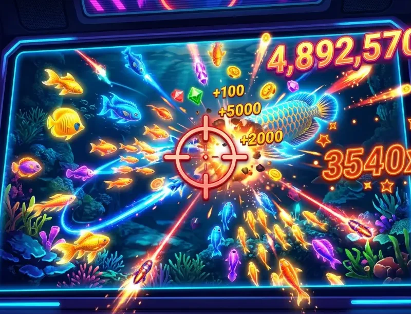 Fish table game screen mid combo with crosshair targeting and rising score counter