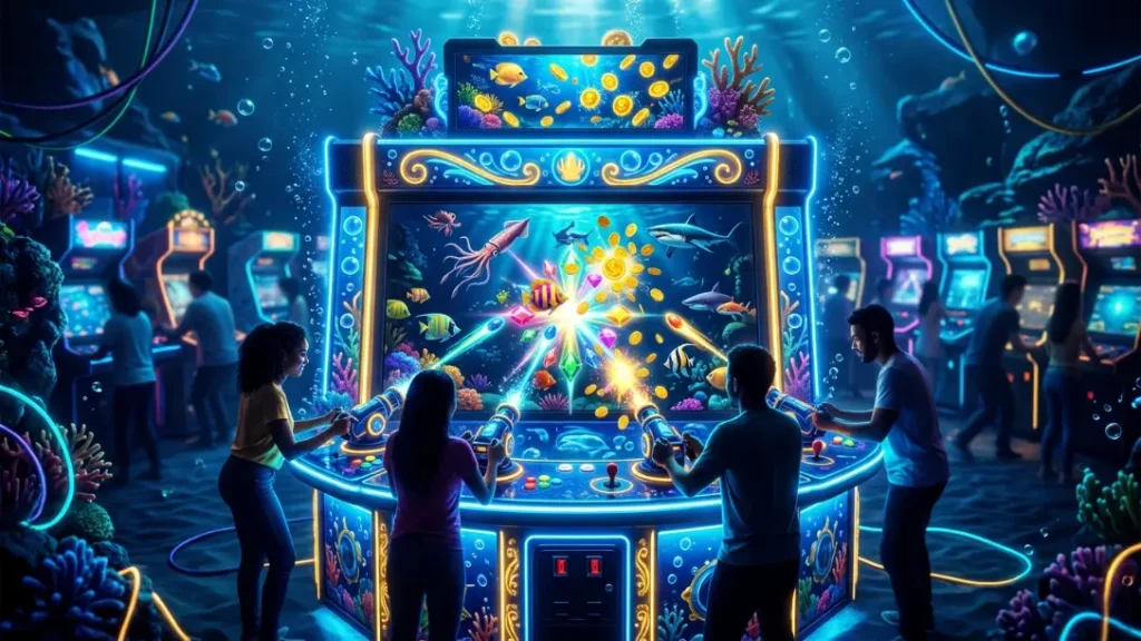 Colorful fish table arcade game screen with glowing fish and combo scoring effects