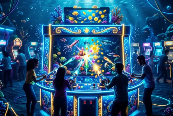 Colorful fish table arcade game screen with glowing fish and combo scoring effects