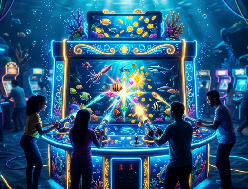 Colorful fish table arcade game screen with glowing fish and combo scoring effects