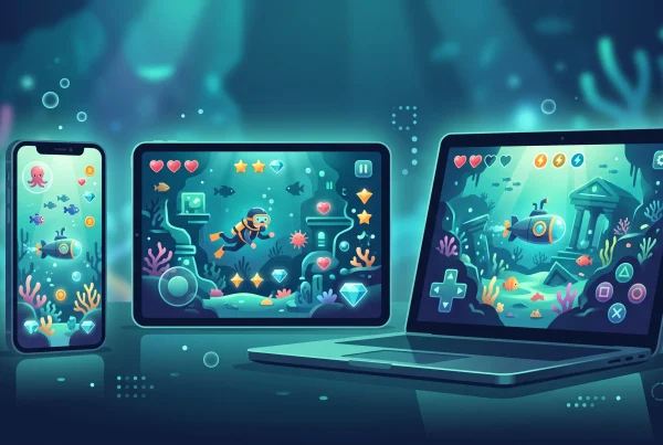 Smartphone, tablet, and laptop displaying a glowing fish table arcade game interface for smooth cross device play