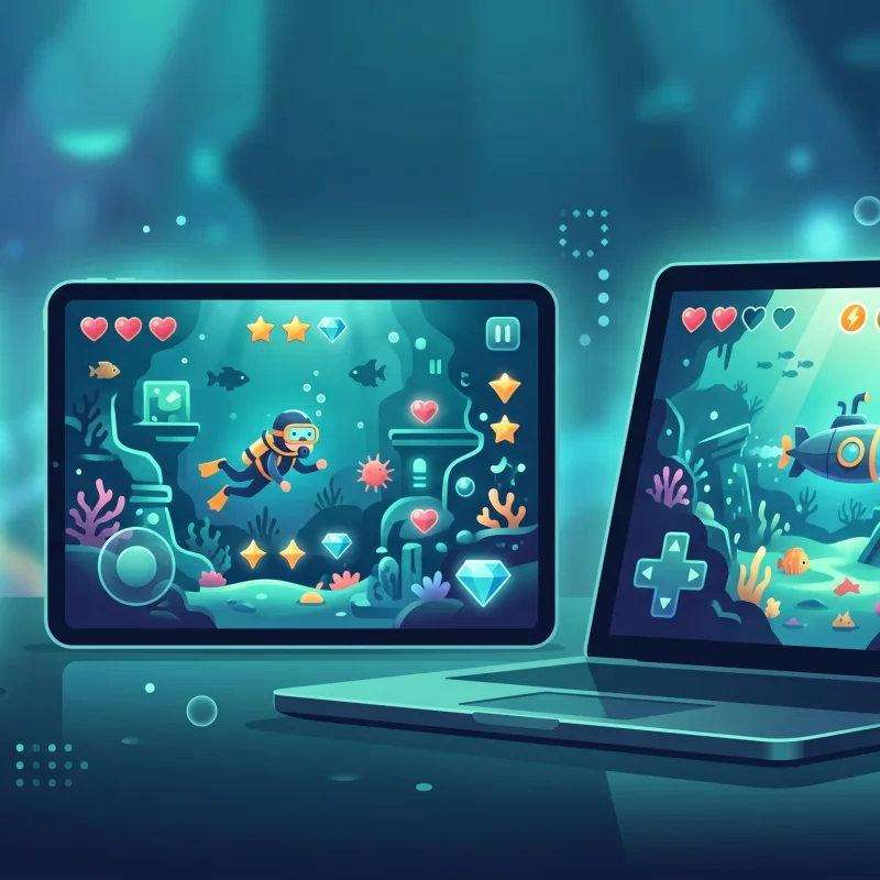 Smartphone, tablet, and laptop displaying a glowing fish table arcade game interface for smooth cross device play
