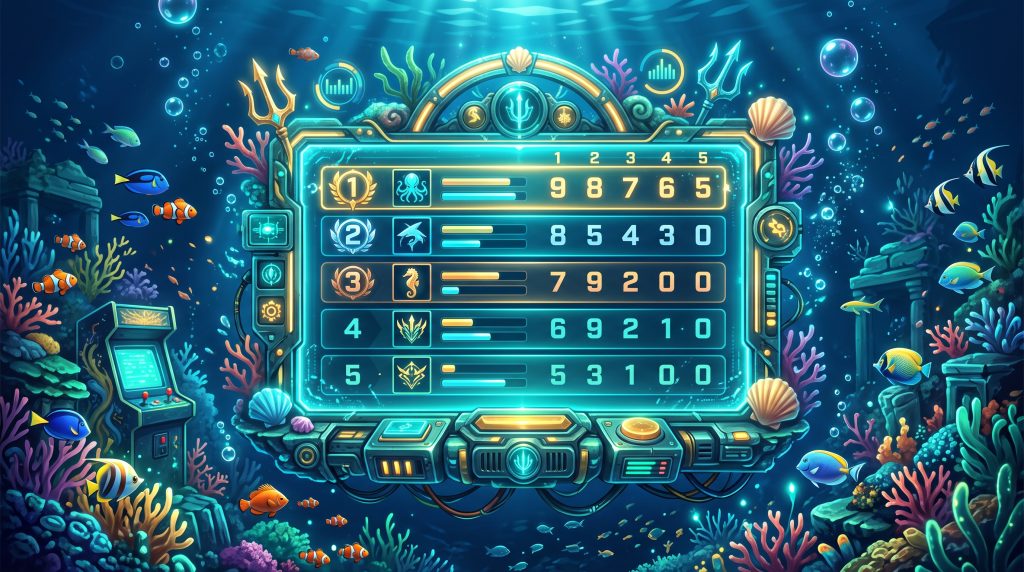 Glowing leaderboard screen surrounded by underwater arcade elements representing fish table game tournament competition