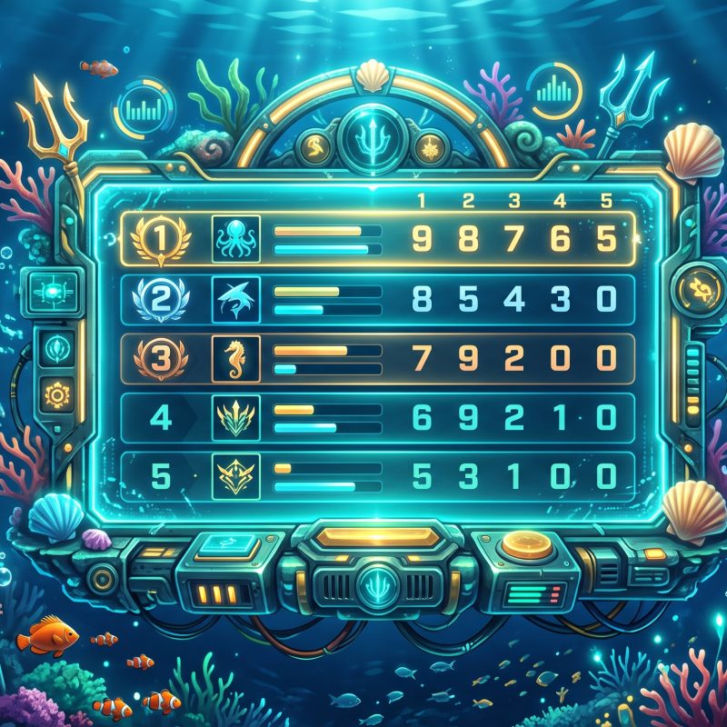 Glowing leaderboard screen surrounded by underwater arcade elements representing fish table game tournament competition