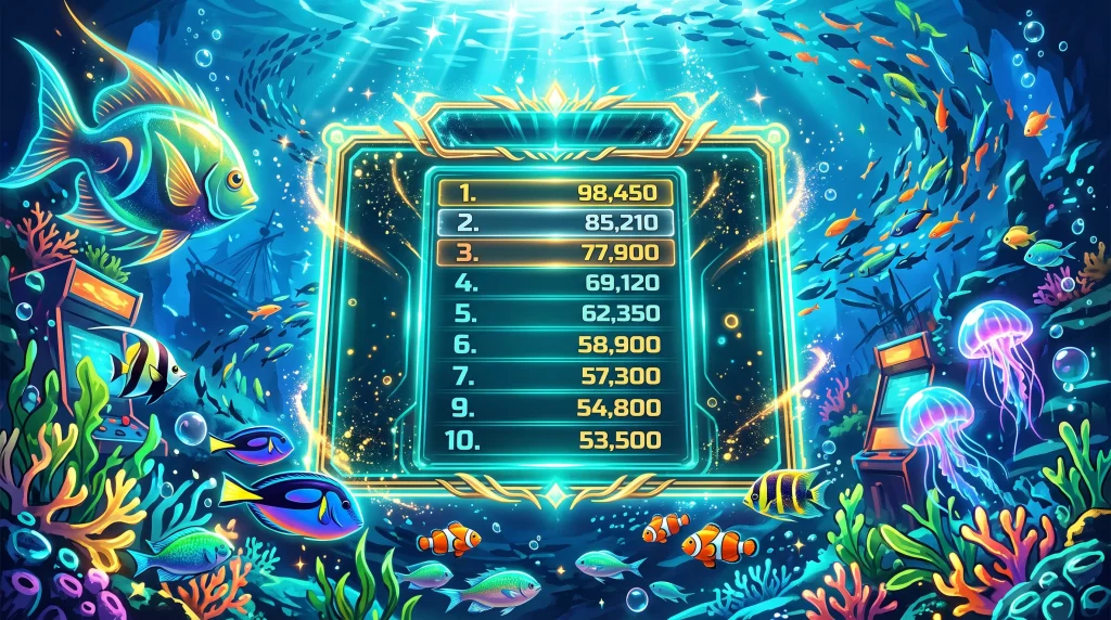 Glowing leaderboard screen surrounded by underwater arcade elements representing fish table game tournament competition