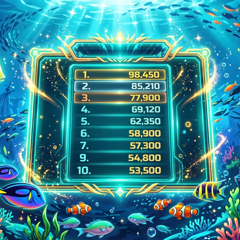 Glowing leaderboard screen surrounded by underwater arcade elements representing fish table game tournament competition