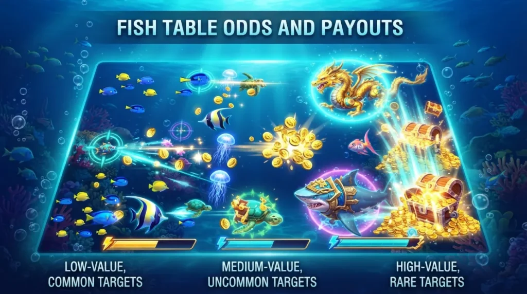 Fish table game odds and payouts concept with underwater arcade elements