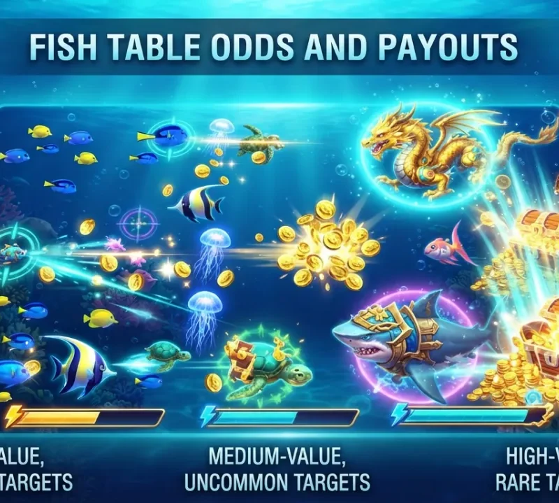 Fish table game odds and payouts concept with underwater arcade elements