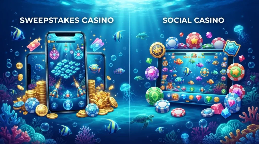 Sweepstakes casino and social casino comparison in fish arcade style