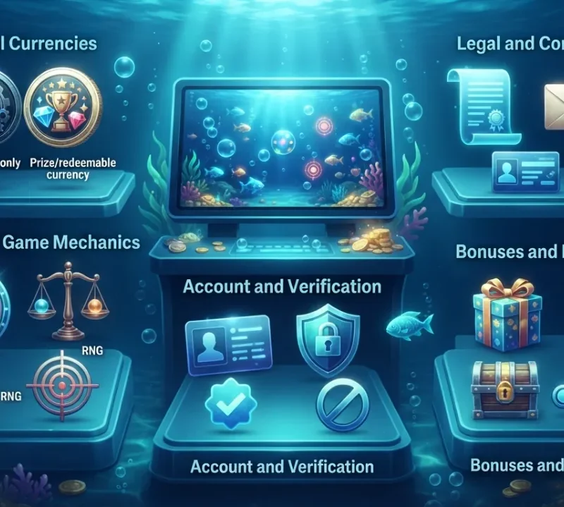 Fish table and sweepstakes casino terms shown with gaming and compliance symbols