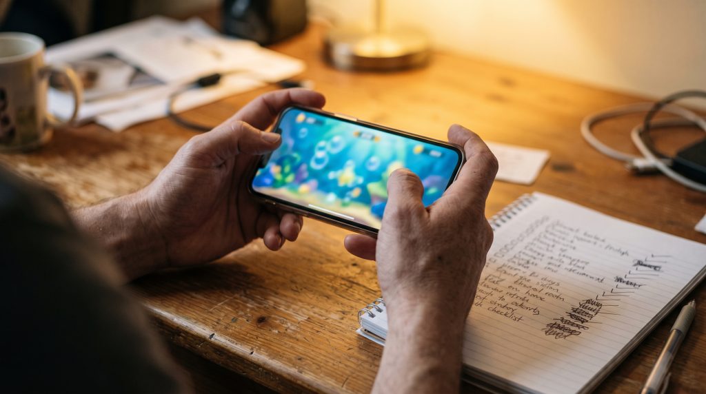 Person checking a fish table casino site on a smartphone with a checklist notebook nearby (includes the focus keyphrase)