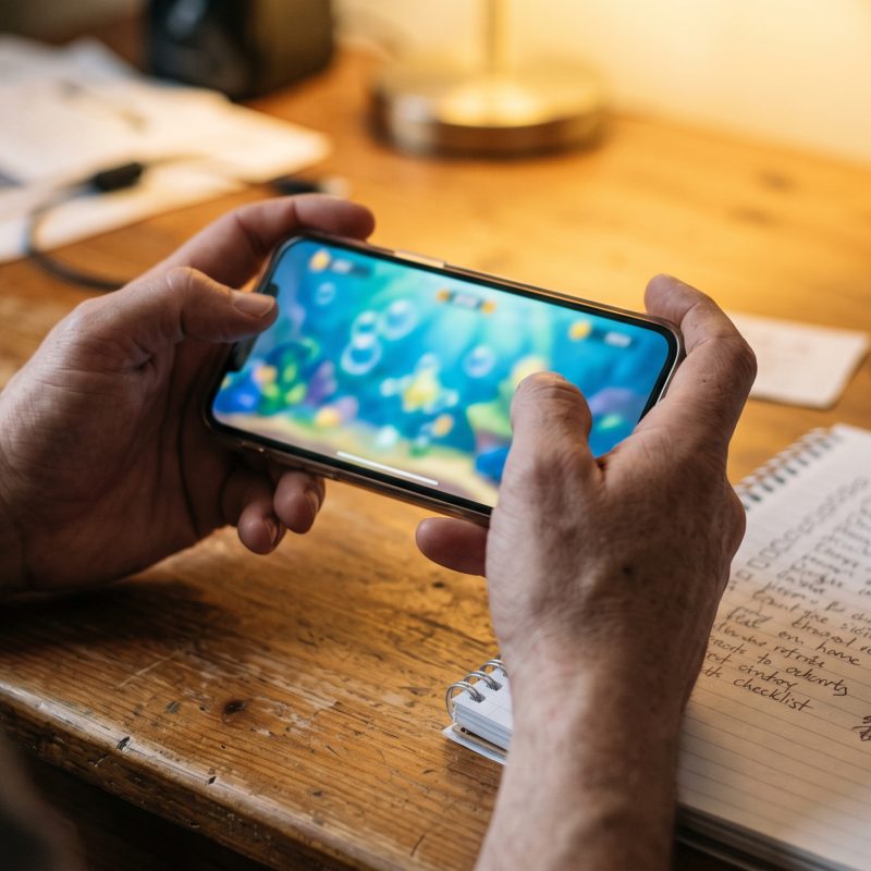 Person checking a fish table casino site on a smartphone with a checklist notebook nearby (includes the focus keyphrase)
