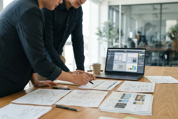 Business professionals reviewing fish table software documents and a laptop in a meeting room (includes the focus keyphrase)